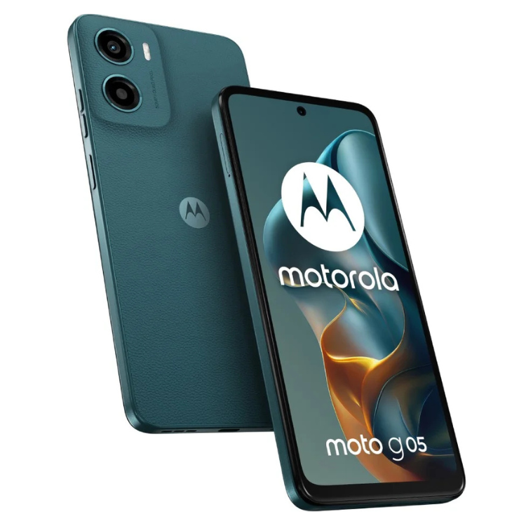 Smartphone Motorola Moto G05 verde, 4GB/128GB, câmara dupla e ecrã ligado com logótipo da Motorola.