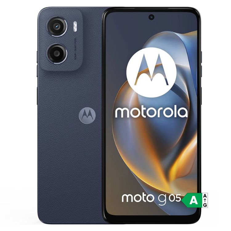 Smartphone Motorola Moto G05 azul, 4GB/256GB, Dual Sim, com duas câmaras traseiras e ecrã com logotipo da Motorola.