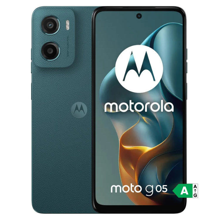 Smartphone Motorola Moto G05 verde, com ecrã ligado mostrando o logótipo da marca e o nome do modelo.