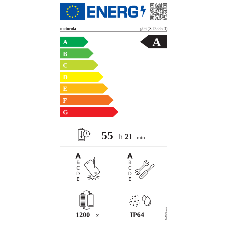 Etiqueta energética do smartphone Motorola G06, classificação A, bateria 55 horas e 21 minutos.