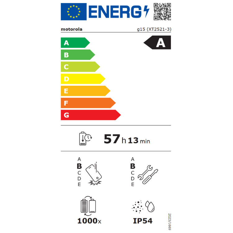 Etiqueta energética do smartphone Motorola G15, eficiência A, bateria 57 horas.