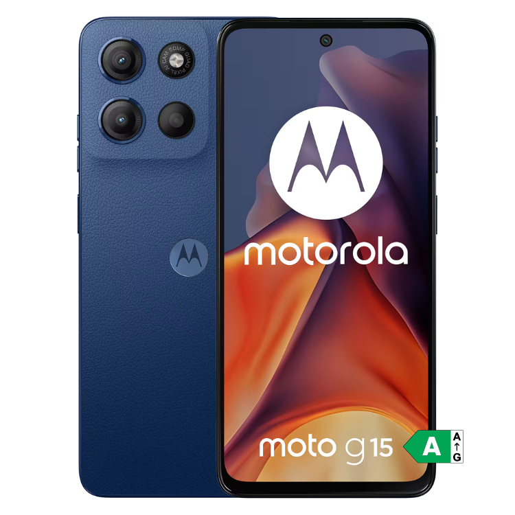 Smartphone Motorola Moto G15 azul marinho, 4GB/128GB, câmara tripla, ecrã grande.