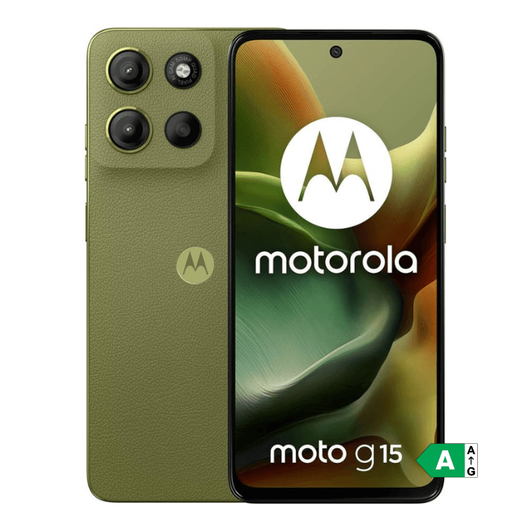 Smartphone Motorola Moto G15 8GB/512GB Dual Sim verde com quatro câmeras e ecrã ligado.