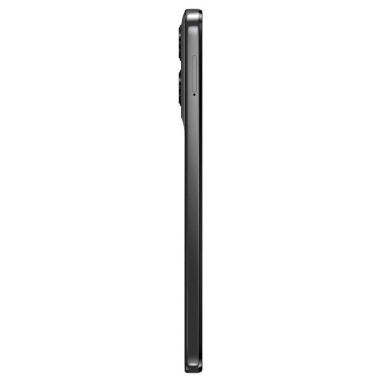 Smartphone Motorola G15 cinzento, lado direito com botões e entrada de cartão, numa vista lateral.