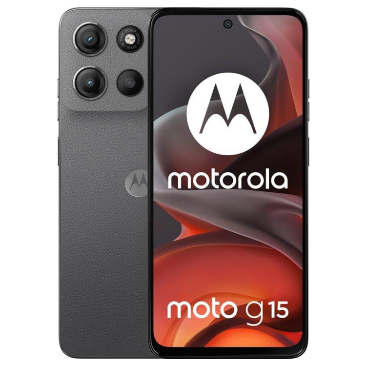 Smartphone Motorola Moto G15 cinzento, 8GB/512GB, Dual Sim, com três câmeras na parte traseira e ecrã com logotipo da Motorola.