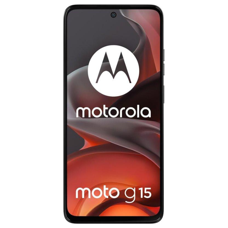 Smartphone Motorola Moto G15 cinzento com ecrã e logótipo da marca.