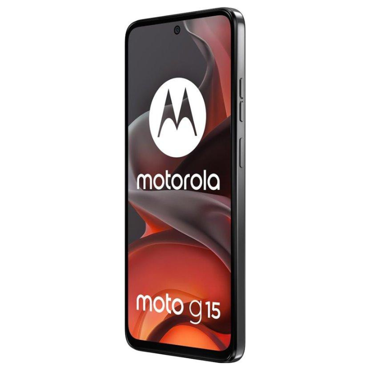 Smartphone Motorola Moto G15 cinzento com ecrã de marca e modelo.