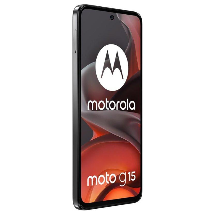 Smartphone Motorola Moto G15 cinzento com ecrã de marca e modelo.