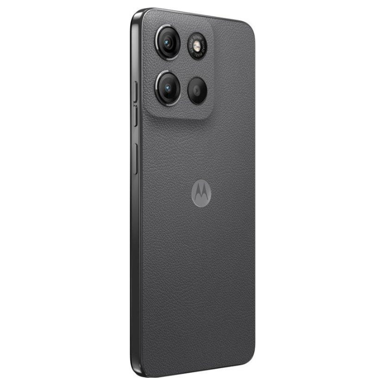 Smartphone Motorola G15 cinzento, com quatro câmeras na parte superior esquerda e logotipo da Motorola no centro.