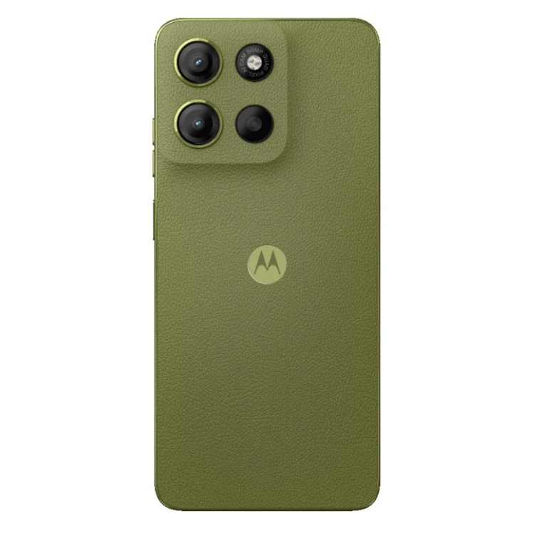 Smartphone Motorola verde com quatro câmeras e logotipo M.