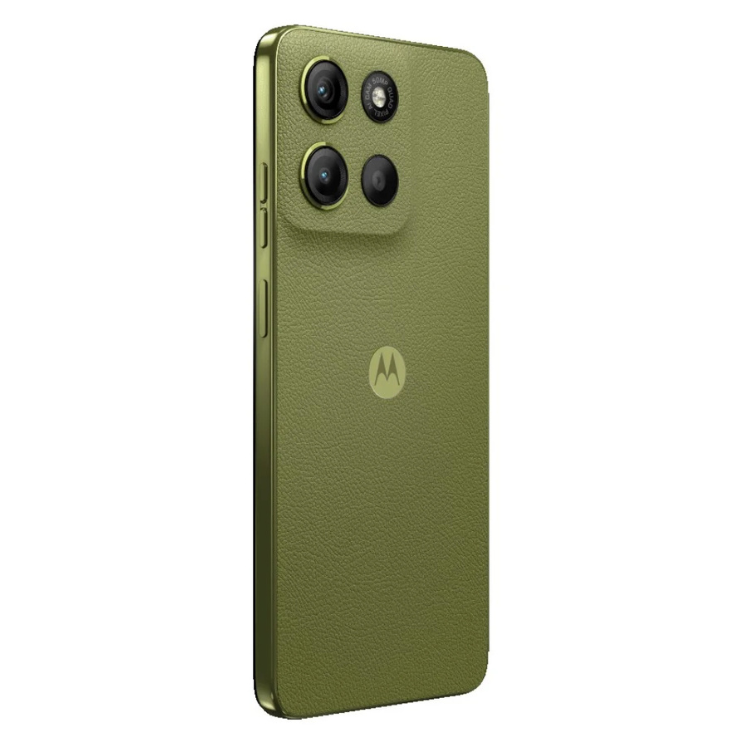 Smartphone Motorola verde com quatro câmeras e logotipo M.