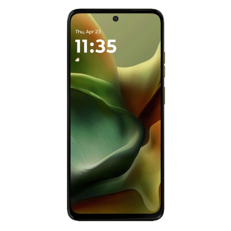 Smartphone Motorola G15 verde, ecrã ligado mostrando o relógio.