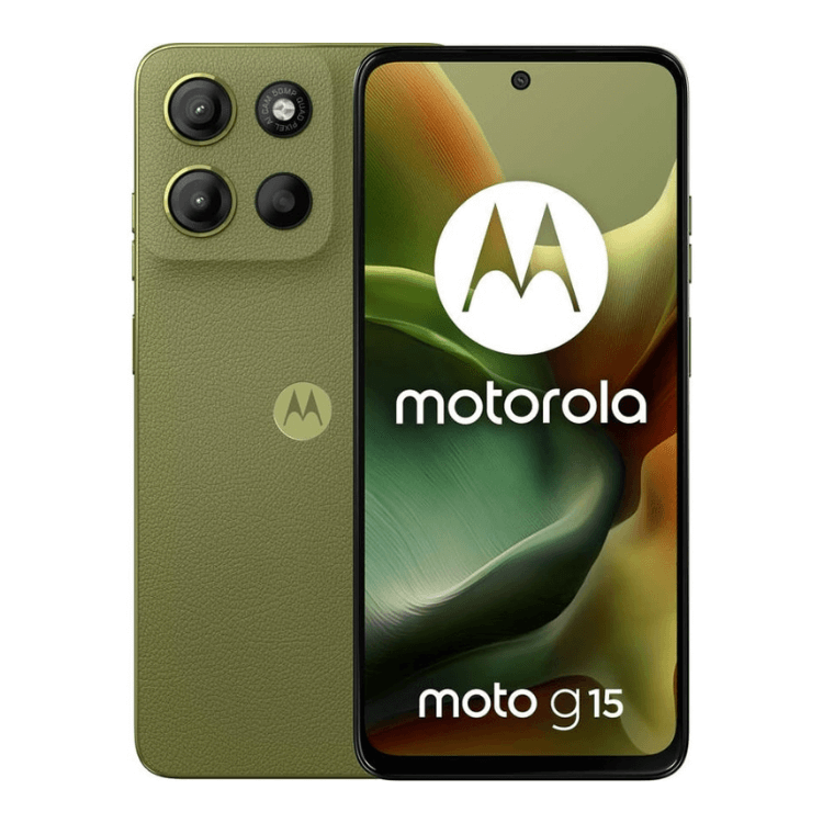 Smartphone Motorola Moto G15 verde, 8GB/256GB, câmara tripla e ecrã 6.72”.