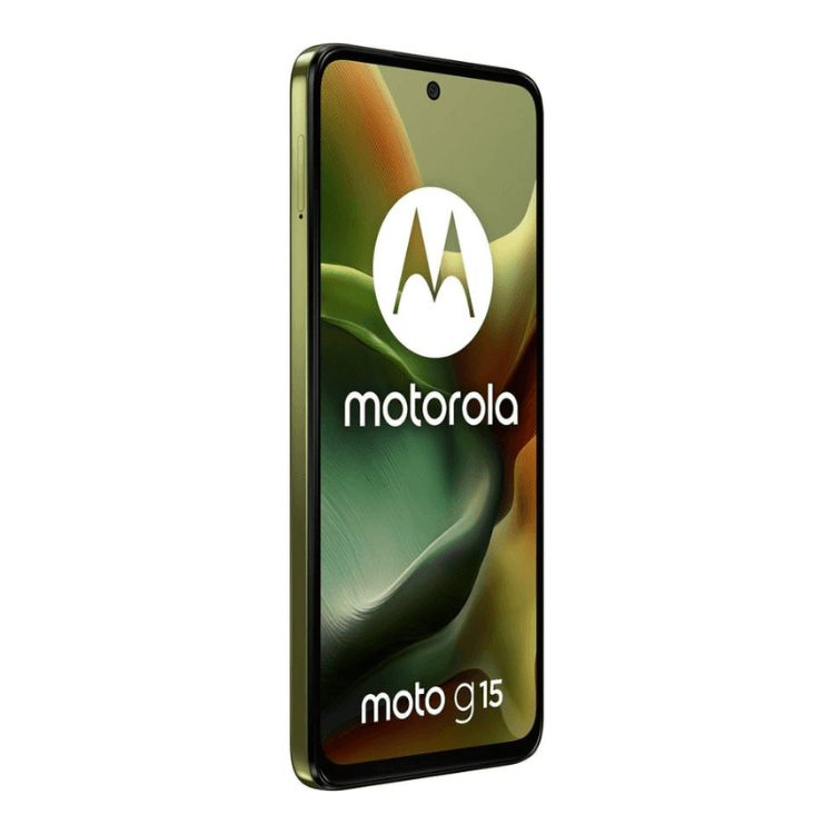 Smartphone Motorola Moto G15 verde, com ecrã de 6.72 polegadas e logótipo da marca.