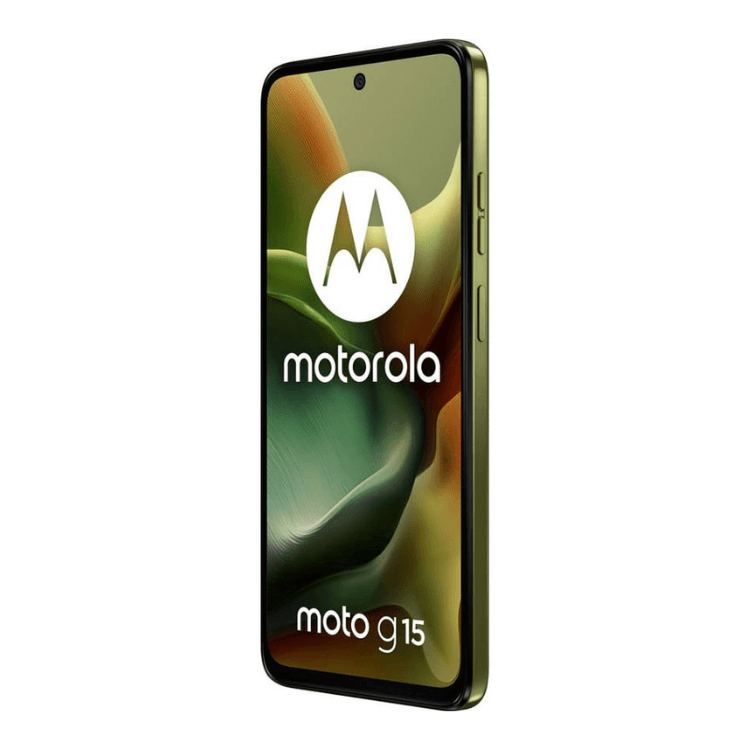 Smartphone Motorola Moto G15 verde com ecrã ligado, mostrando o logótipo da marca e o nome do modelo.