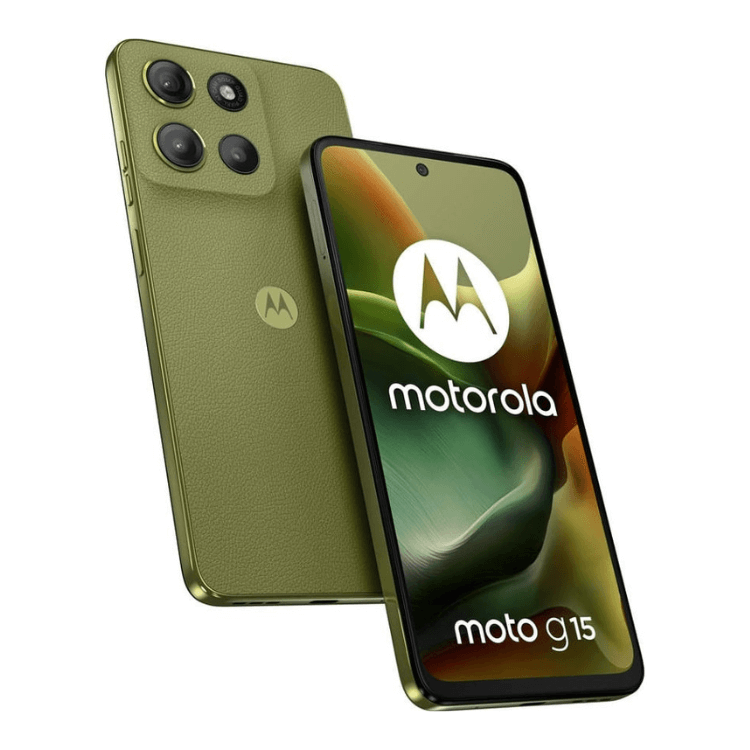 Smartphone Motorola Moto G15 verde, 8GB/256GB, câmara tripla e ecrã ligado com logótipo da marca.
