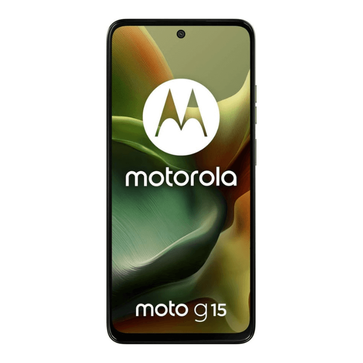 Smartphone Motorola Moto G15 verde com ecrã ligado mostrando o logótipo da marca e o nome do modelo.