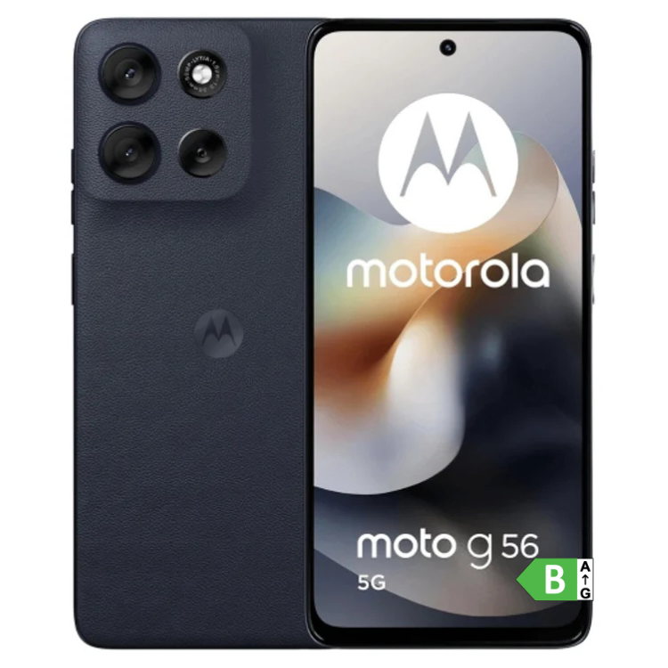 Smartphone Motorola Moto G56 5G preto, 8GB/256GB, câmara tripla e ecrã ligado.