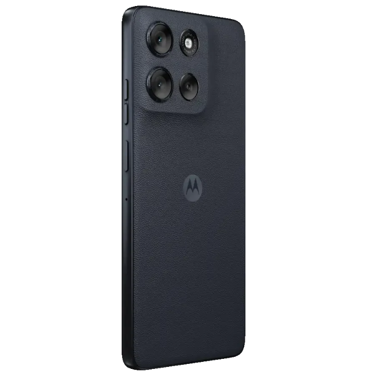 Smartphone Motorola G56 5G preto com 3 câmaras e logotipo M na parte de trás.