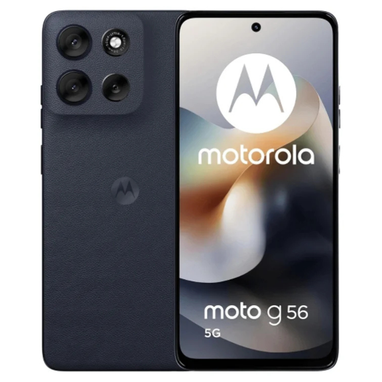Smartphone Motorola Moto G56 5G preto, 8GB/256GB, câmara tripla e ecrã ligado.