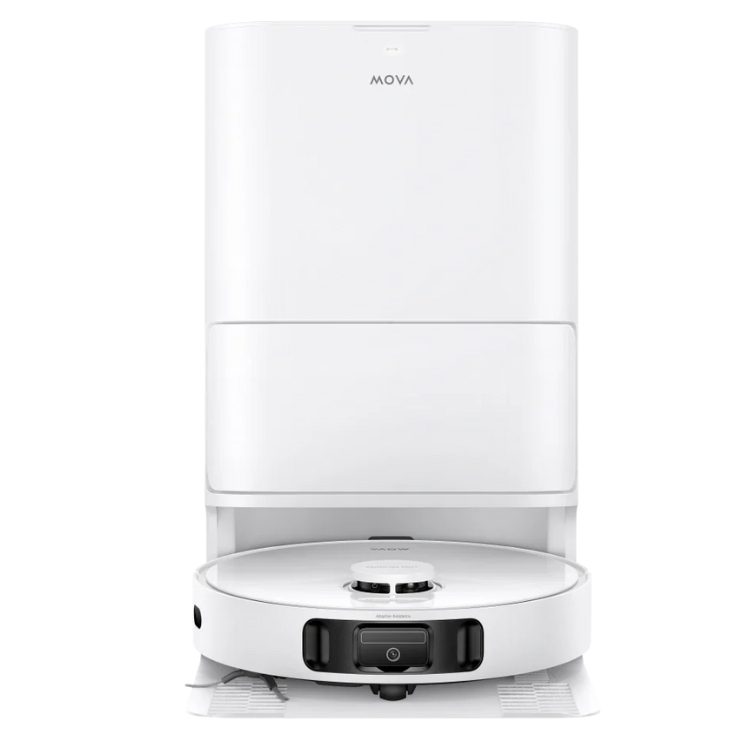 Aspirador robot MOVA E40 Ultra branco com base de carregamento, para limpeza completa com aspiração e lavagem.