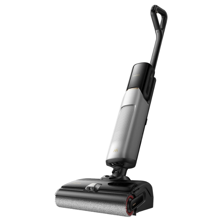 MOVA X4 Pro wet and dry vacuum, black and silver, upright with handle extended.