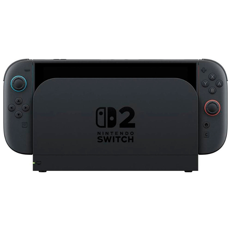 Black Nintendo Switch 2 console with detachable controllers, logo on screen