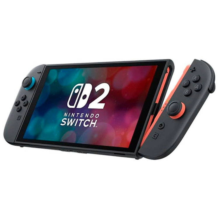 Black Nintendo Switch 2 console with detachable controllers, screen displaying colorful background and logo.