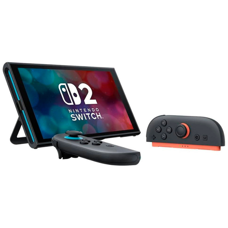 Black Nintendo Switch 2 console with colorful screen, controller, and joy-con.