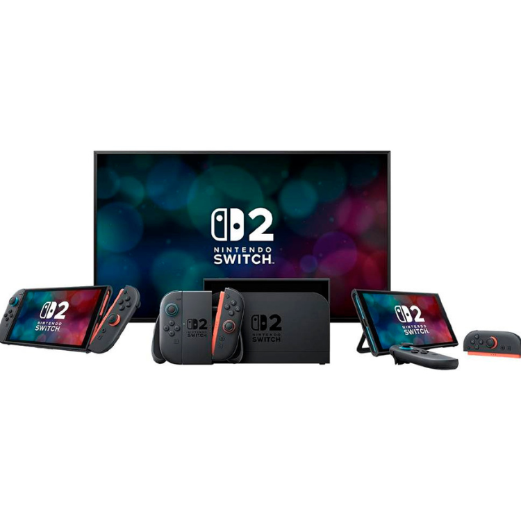 Nintendo Switch 2 console and accessories, black, with colorful screens.