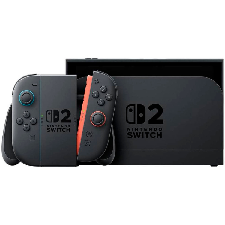 Black Nintendo Switch 2 console with controllers and box.