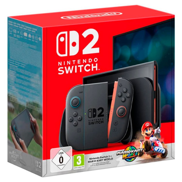 Nintendo Switch 2 console box, black console and controllers, Mario Kart World game, red box.