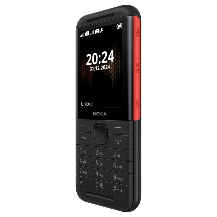 Telemóvel Nokia 5310 preto com faixa vermelha lateral e teclado numérico.