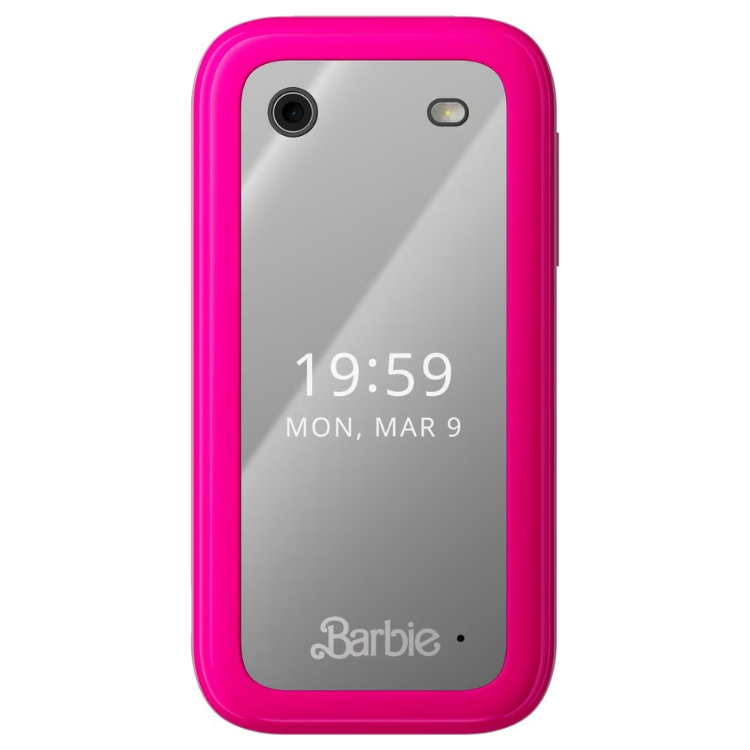 Telefone móvel rosa Barbie com moldura rosa e ecrã cinzento a mostrar o tempo.