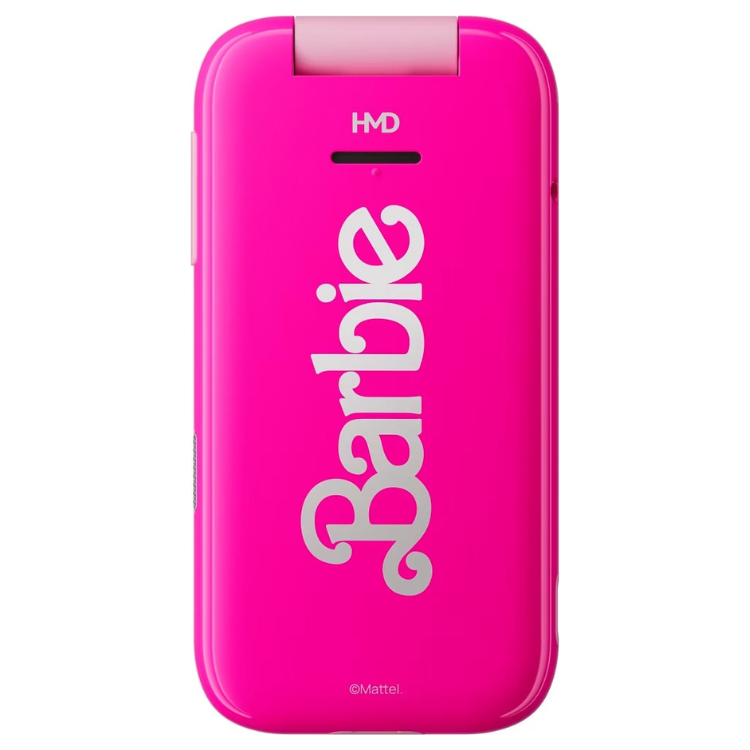 Telefone móvel rosa Barbie da HMD, com logótipo Barbie em branco na parte da frente.