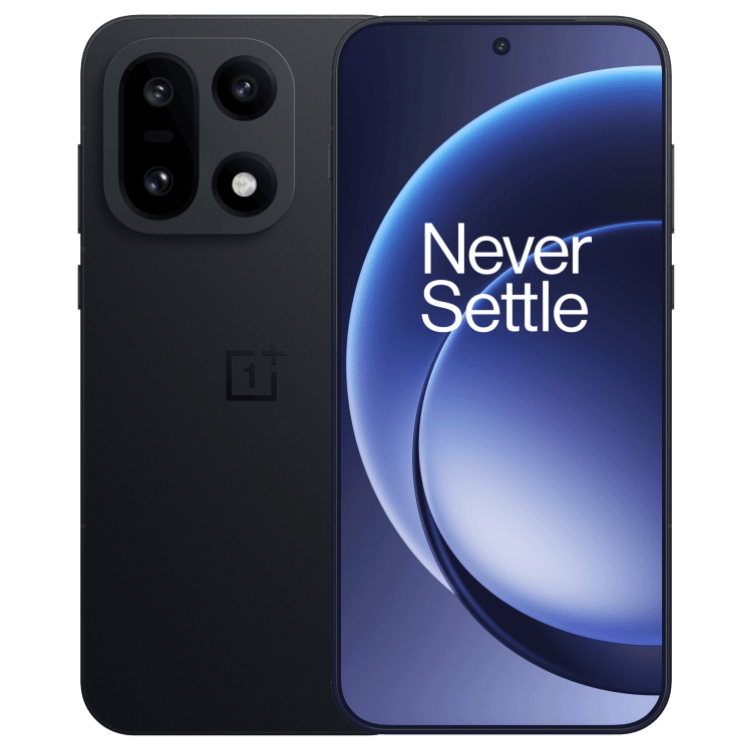 OnePlus 15 5G preto, vista frontal e traseira, câmaras triplas, ecrã AMOLED com Never Settle.