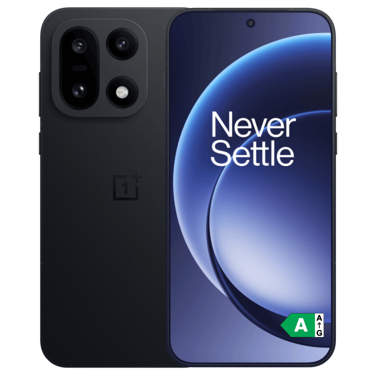 OnePlus 15 5G preto, 2 lados, ecrã com Never Settle e câmeras triplas.
