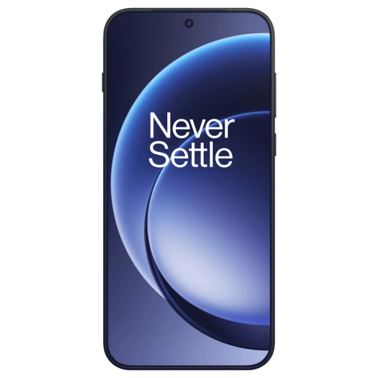 Smartphone OnePlus 15 5G preto com ecrã azul e texto Never Settle.