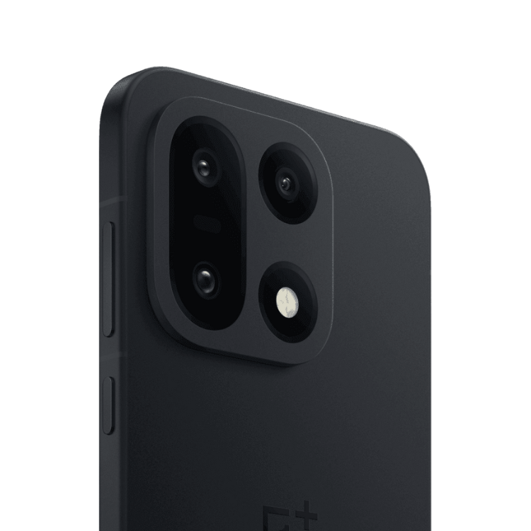 OnePlus 15 5G preto, câmara tripla, detalhes da parte traseira.
