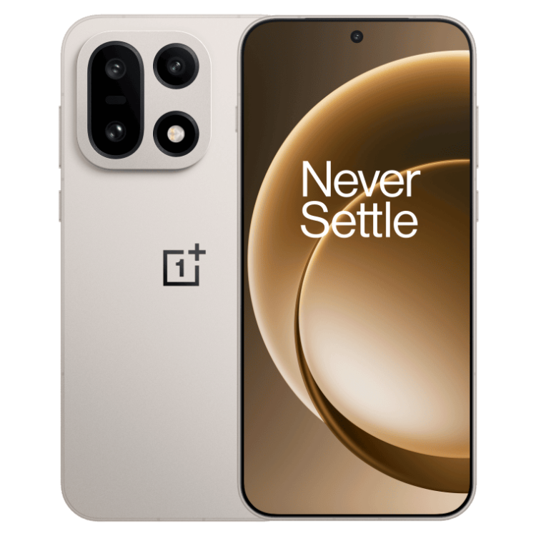 OnePlus 15 5G bege, 16GB/512GB, câmaras triplas, ecrã com Never Settle.