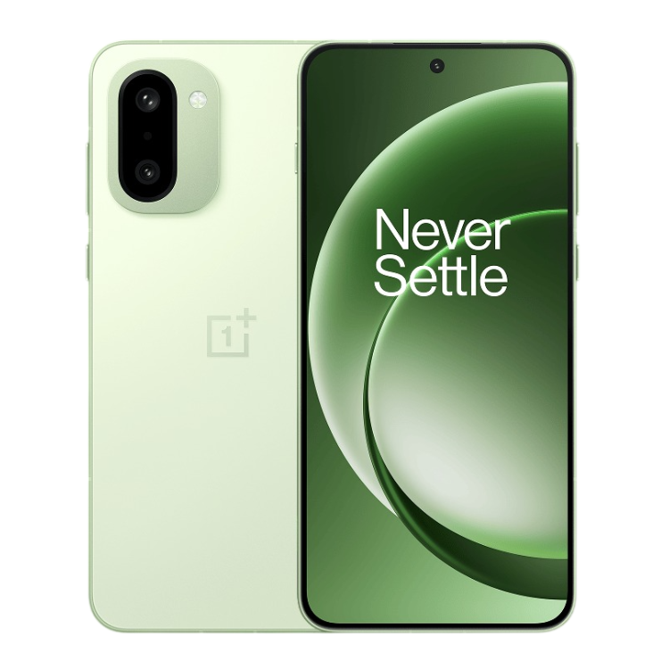 OnePlus 15R verde, smartphone com ecrã de 6.83 polegadas, câmara dupla e logótipo OnePlus, com a frase Never Settle no ecrã.