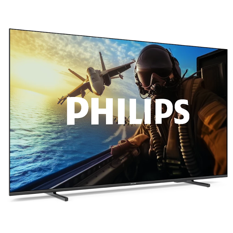 Televisão Philips 43PUS7000 Smart TV 4K LED 43" preta com imagem de ecrã de um piloto de aviões.