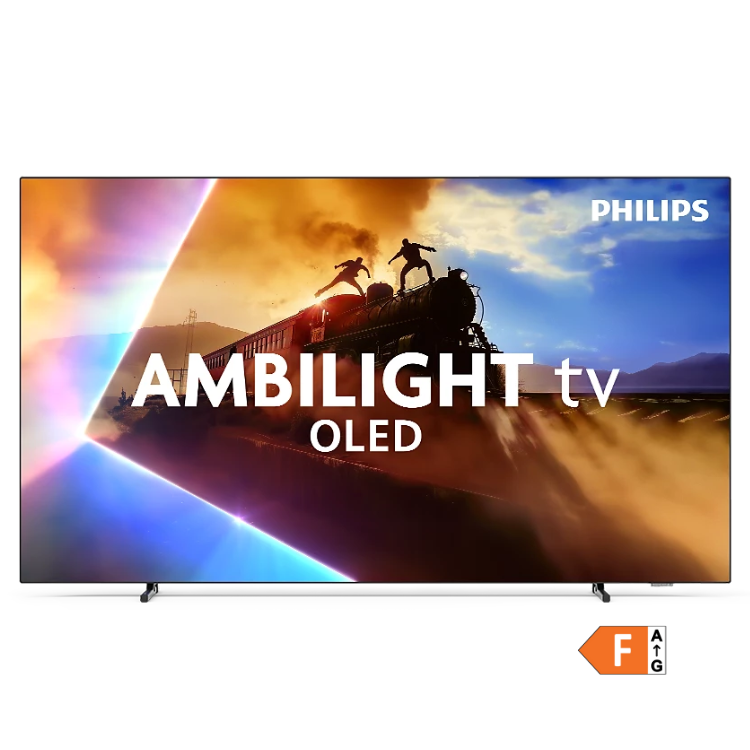 TV Philips 65OLED770, Smart TV 4K OLED Ambilight 65", preto, com imagem de trem a vapor e efeitos de luz.