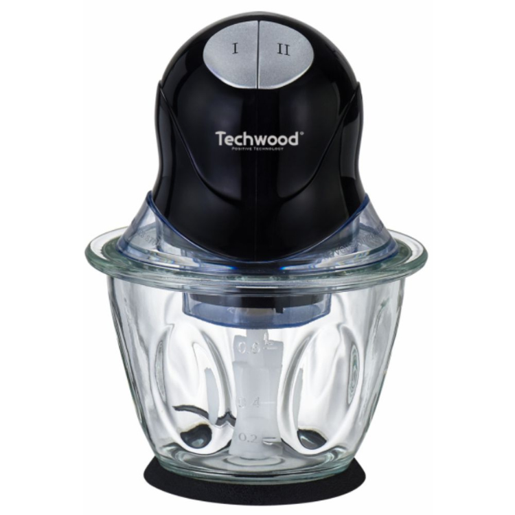 Black Techwood chopper with clear glass bowl and two speed settings.