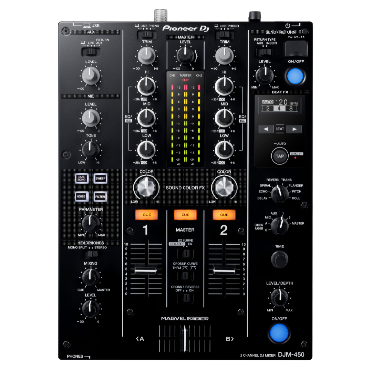 Pioneer DJ DJM-450 2-channel professional DJ mixer, black, with various knobs, buttons, and sliders for sound control.