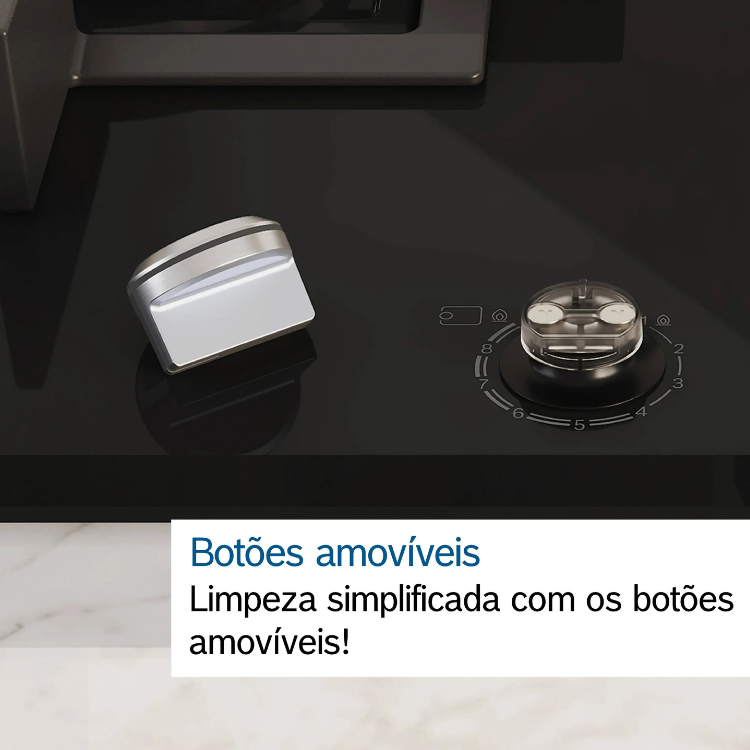 Placa de gás Bosch preta com 4 zonas, botão removível e comandos de controlo.