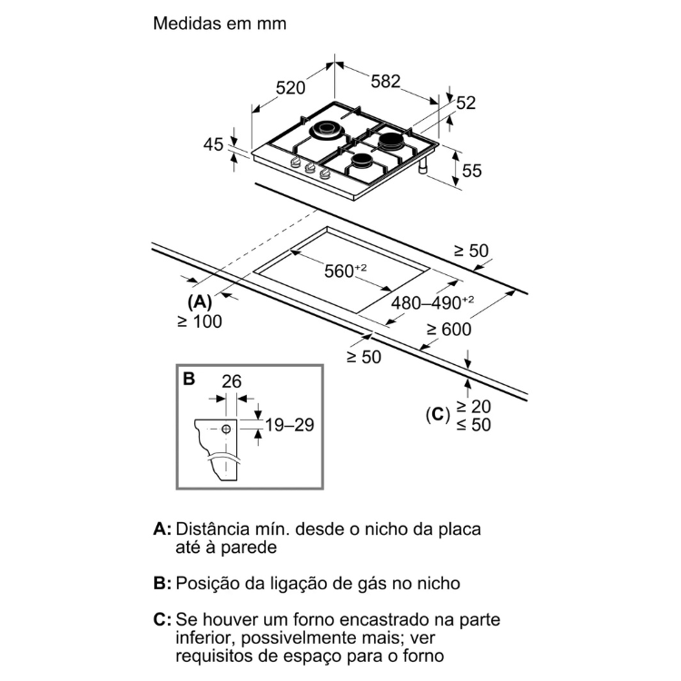 Placa de gás Bosch, 4 zonas, 60cm, medidas de instalação em milímetros.