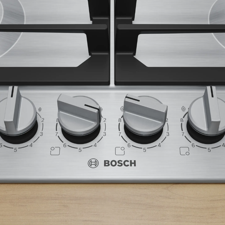 Placa de Gás Bosch Serie 6, 4 zonas, inox, com comandos rotativos e marca Bosch.