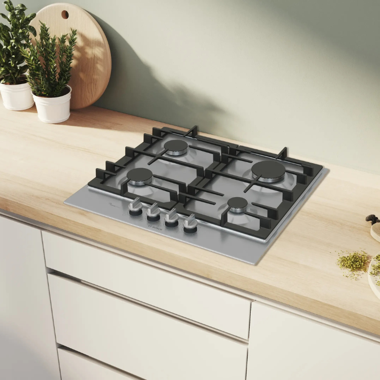 Placa de gás Bosch Serie 6, 4 zonas, 60cm, inox e preto.