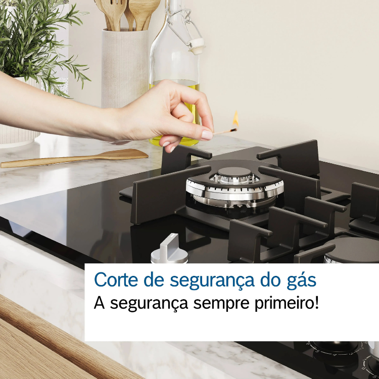 Placa de gás Bosch Serie 6, 4 zonas, 60cm, preta, com controle preciso e corte de segurança.